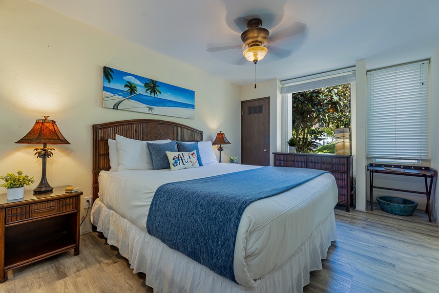 Primary bedroom with King bed and luxurious linens