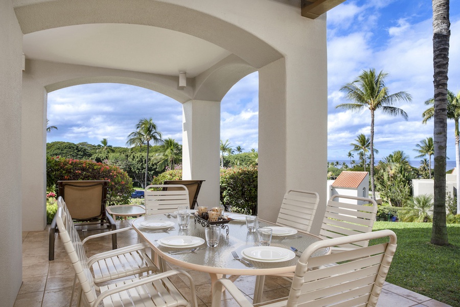 Private lanai complete with dining seating and lounging.