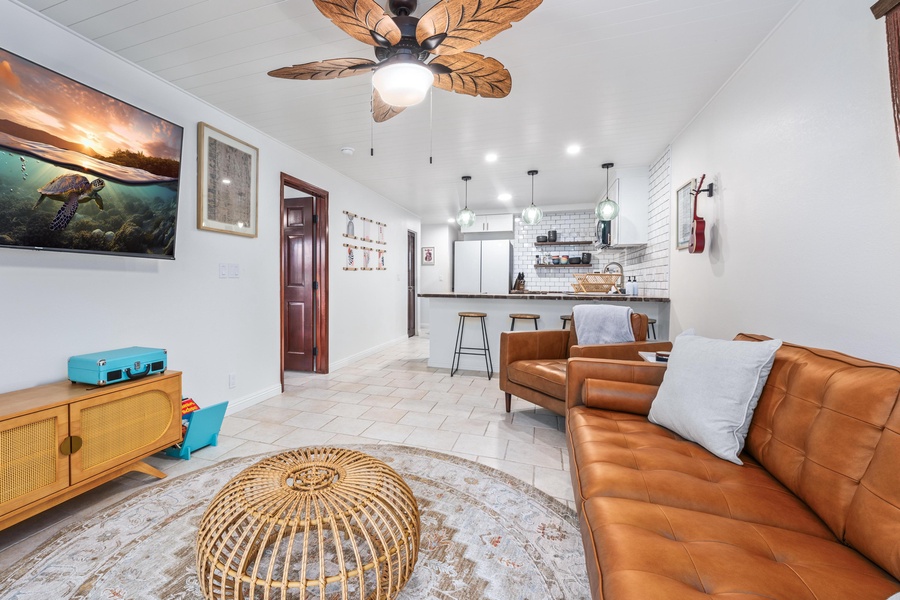 Living room with a smart television and record player