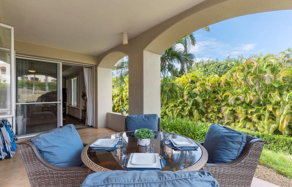 Large covered patio with seating for four