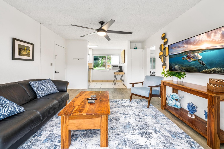 Overhead fan in the living area keeps the breeze flowing