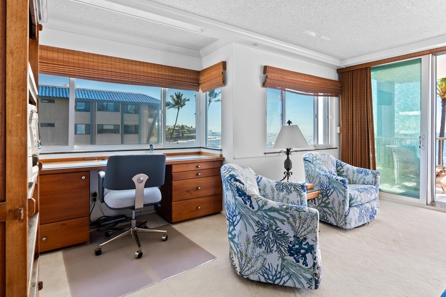 Desk area with beach and ocean views in living room