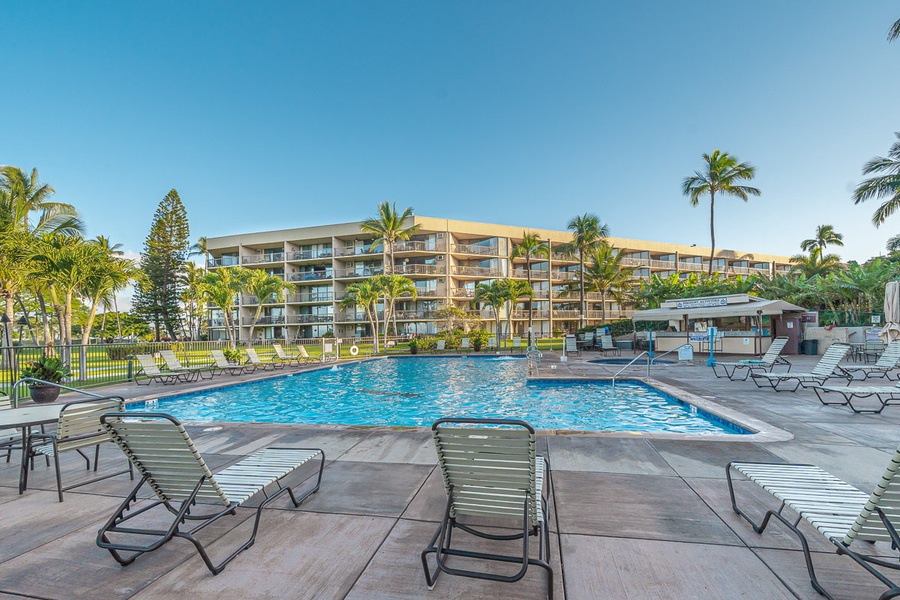 *L* shape pool and sundeck area makes for a great day.