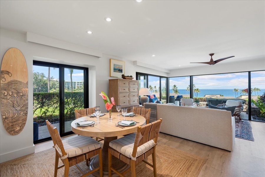 Dining area with garden and ocean views