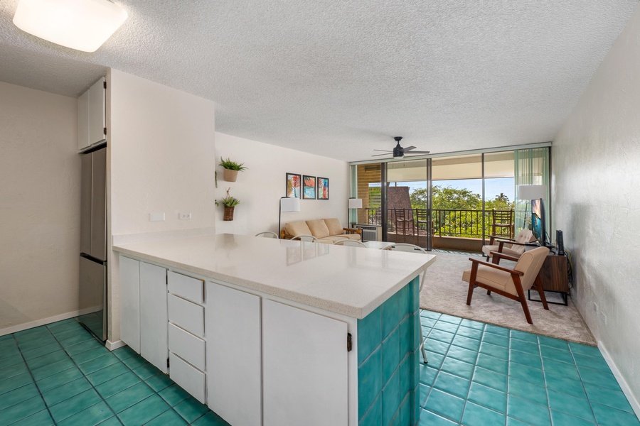 Kitchen area with bar seating