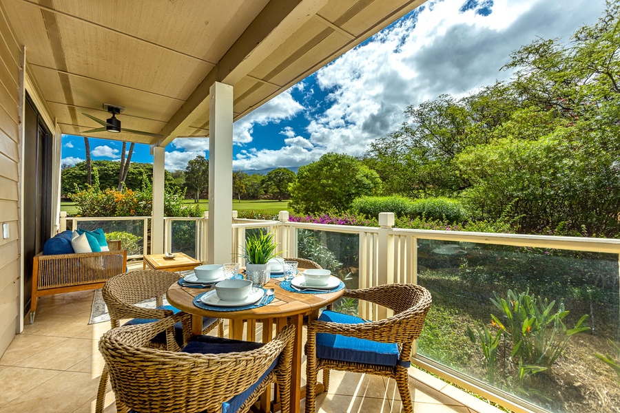 Large private lanai overlooking hole #3 at Wailea Blue Golf Cour