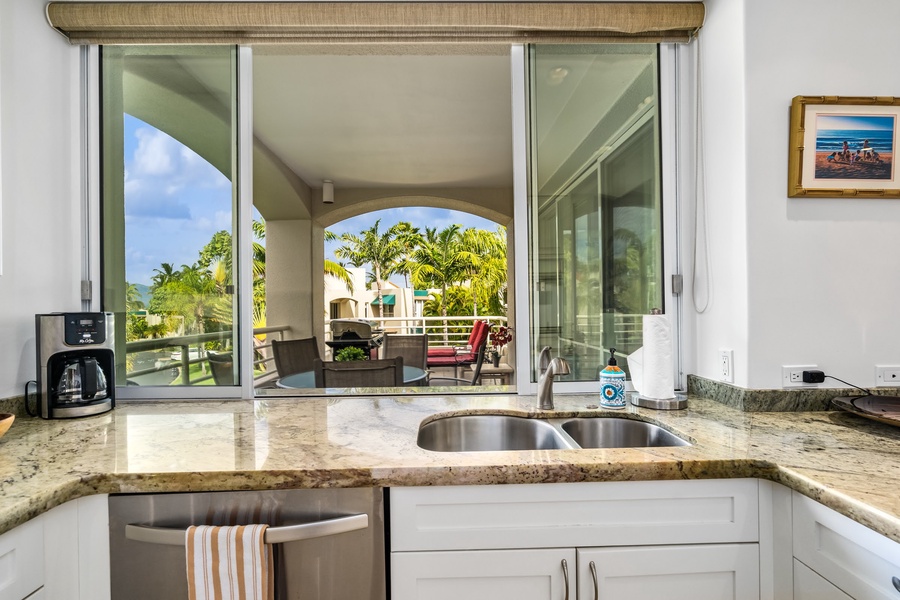 Updated gourmet kitchen with granite countertops 