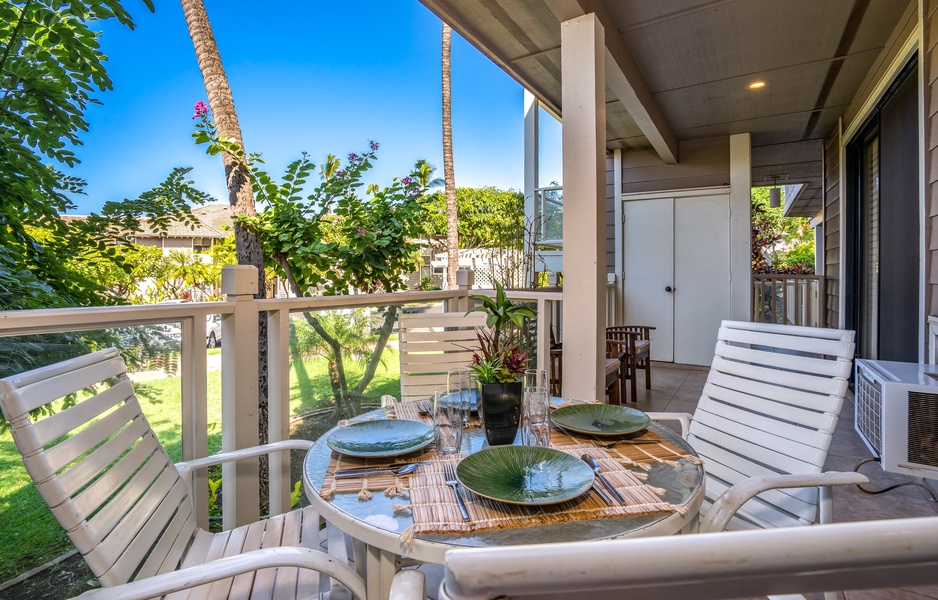 Enjoy the spacious lanai with dining for 4!