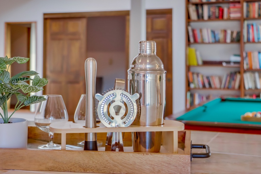 A well-stocked bar tray sets the scene for crafting your favorite cocktails.