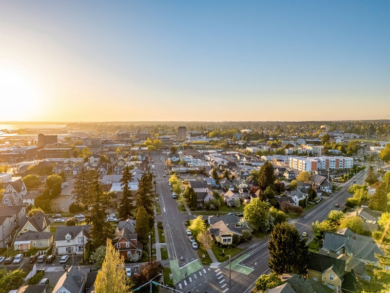 Take in Bellingham’s tree-lined streets and nearby waterfront from above the York neighborhood.