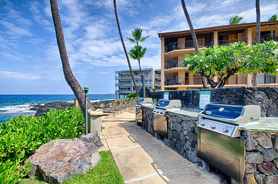 Experience the sizzle and flavor of the Kona Makai BBQ area, your outdoor kitchen for memorable island feasts.