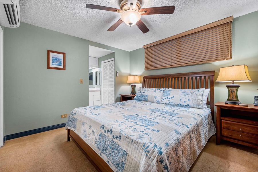 The primary bedroom with a plush king bed.