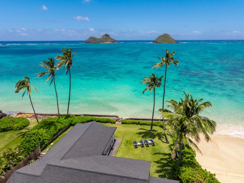 Aerial view of Lanikai Oceanside's expansive property and prime location along world-famous Lanikai Beach.