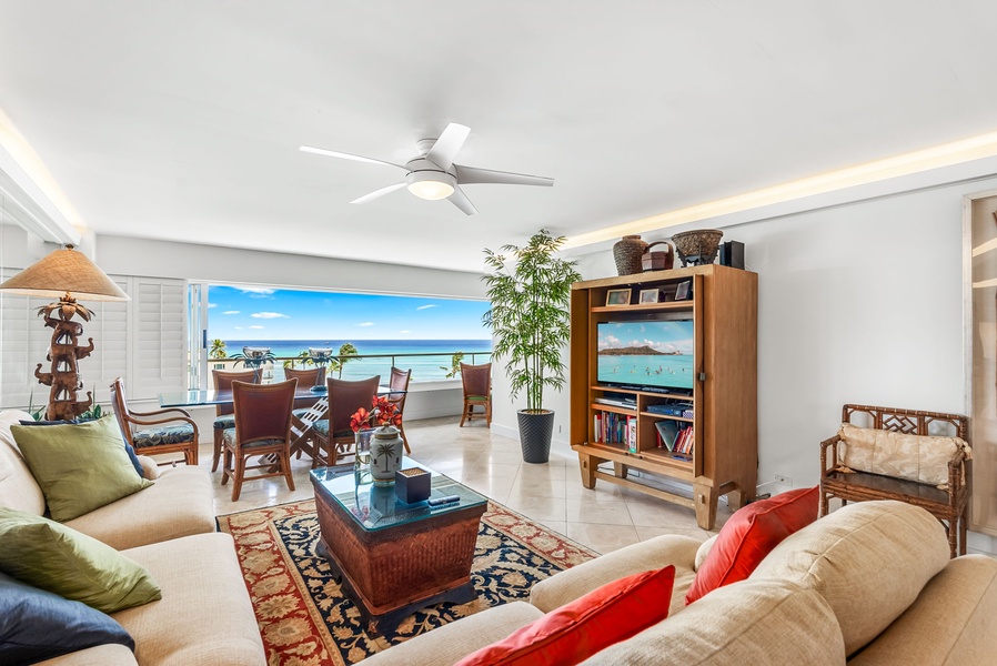 Endless views meet elevated comfort in the open living room, where a queen sleeper sofa makes space for extra guests without compromising style.