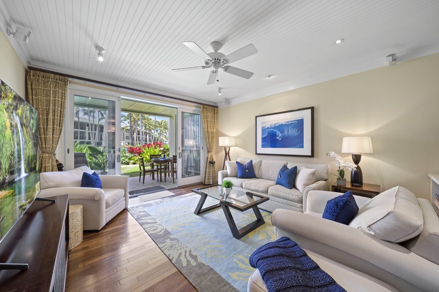 Chic and comfortable living area with direct access to lanai