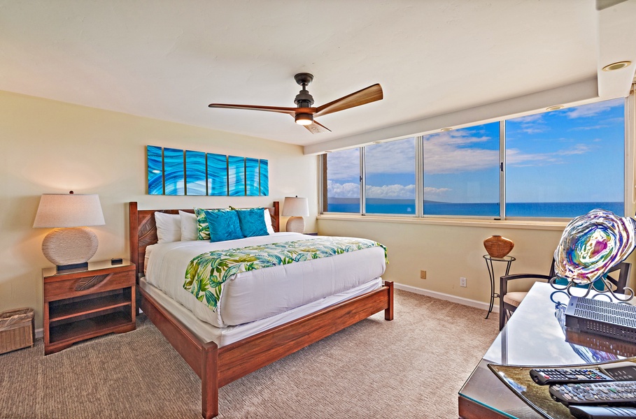 Start your day at Royal Kahana 610 with breathtaking ocean views from the comfort of the primary bedroom.
