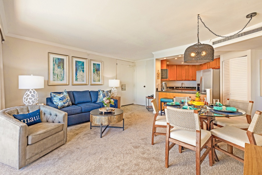 Unwind in Kaanapali Shores 903’s cozy living room with vibrant island-inspired accents.