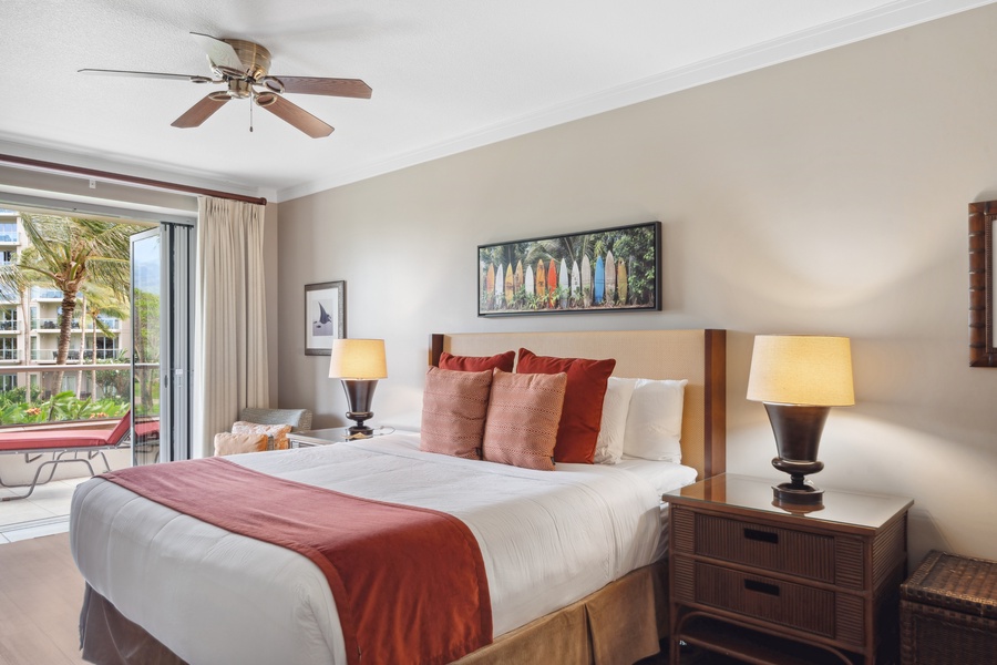 Wake up refreshed in the elegant primary suite at Honua Kai Konea 204, complete with calming tones and natural light.