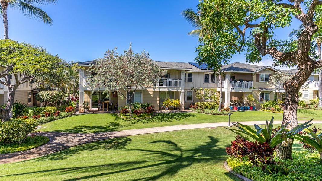 Manicured lawns outside the home.