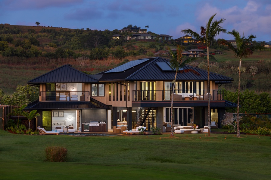 Experience the magic of Hale o ka Nene illuminated at dusk, perfect for luxurious gatherings after dark.