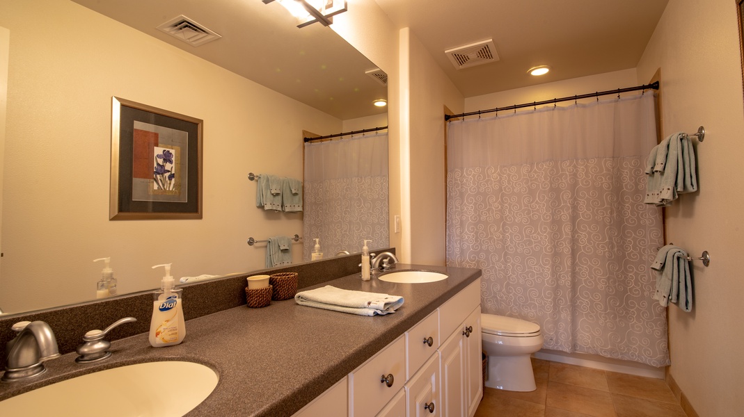 The primary guest bathroom with framed art and ample lighting.