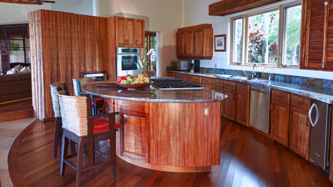 Kitchen in Main House featuring solid Koa wood cabinetry