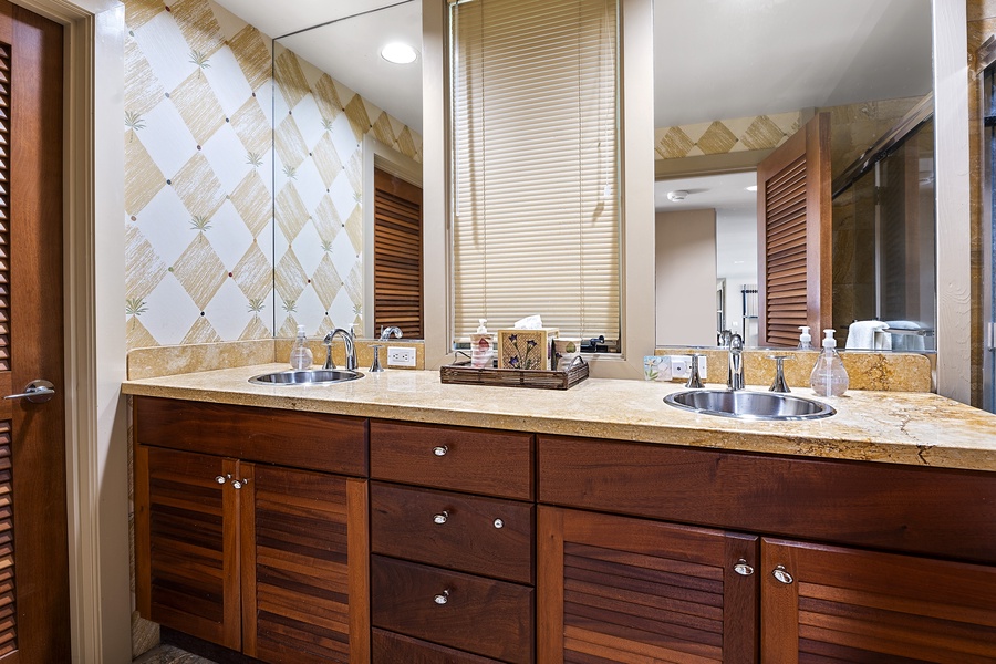 Dual vanities with tub shower combo