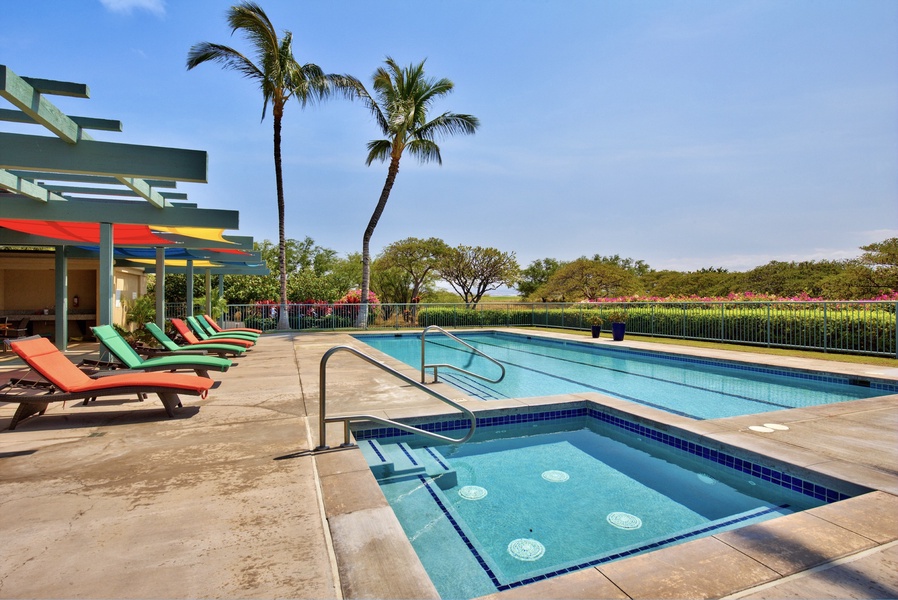 The pool pavilion offers lounge chairs to sunbathe on or enjoy under a covered area.