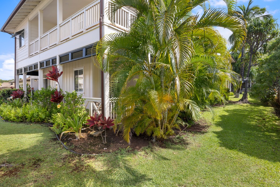 Lovely garden area with tropical plants surrounding the home.