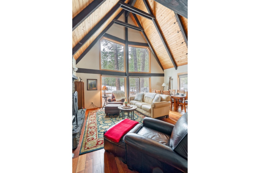 High vaulted ceiling in the living area for a bright and airy stay