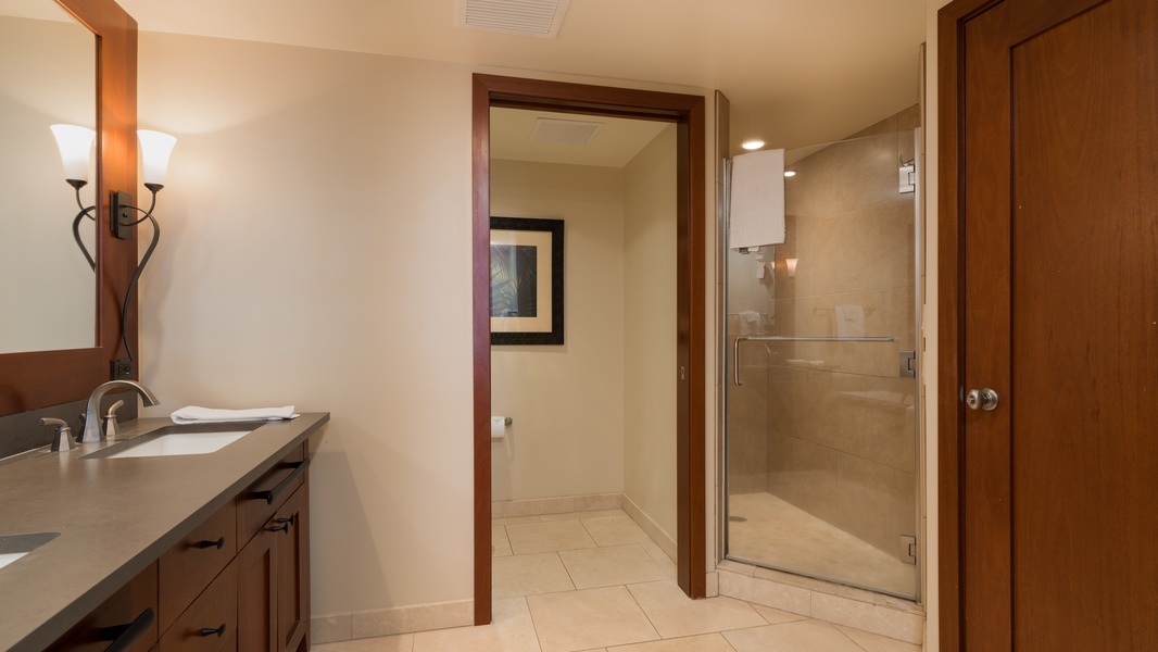 The primary guest bathroom features a walk-in shower and soaking tub.