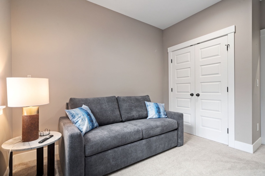 Flexible sleeping space featuring a plush queen sleeper sofa and calming natural light.