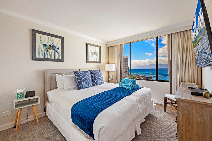 Spacious bedroom at Kaanapali Shores 903 with a king bed and peaceful ocean views.