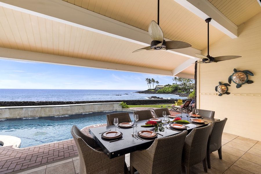 Gather for open-air meals with ocean views and the pool just steps away.