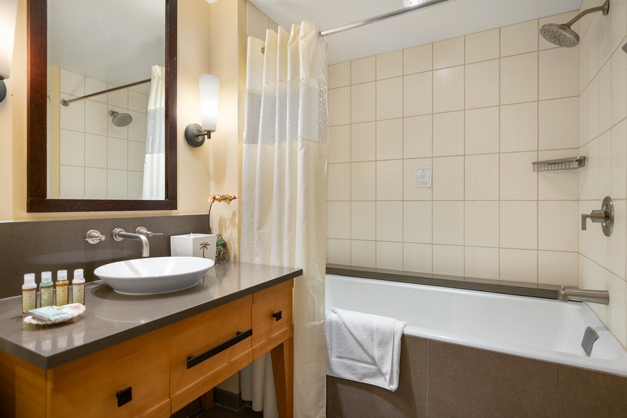 The guest bathroom has shower and tub combo and a single vanity.