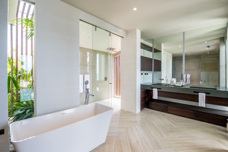 Alternate view of the spa-inspired bathroom, featuring a spacious walk-in shower.