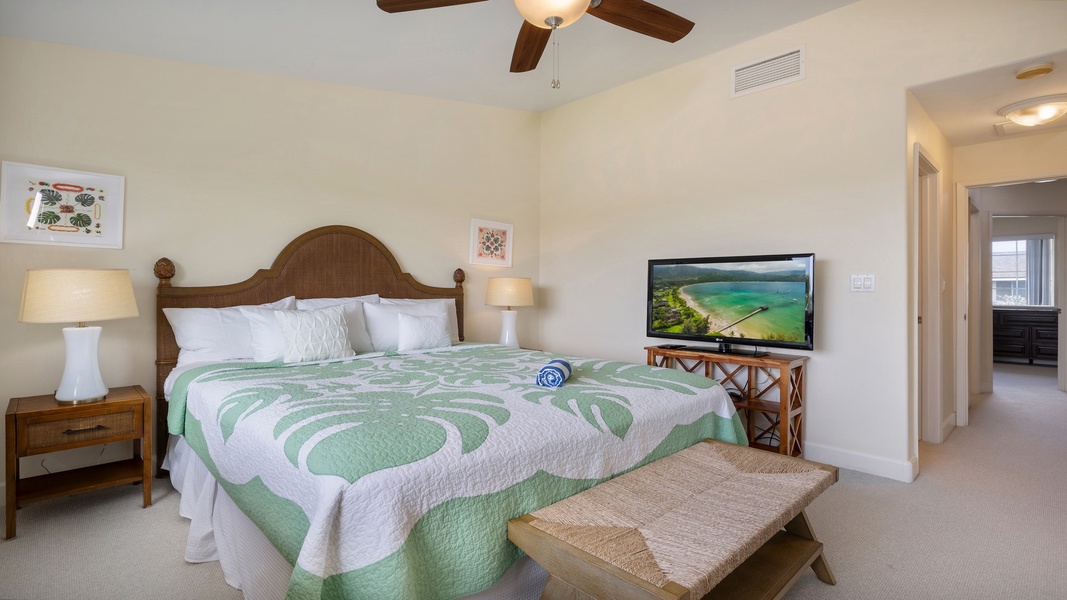 Wake up refreshed in this cozy guest room with natural light, tropical artwork, and calming décor inspired by Ko Olina’s serene surroundings.
