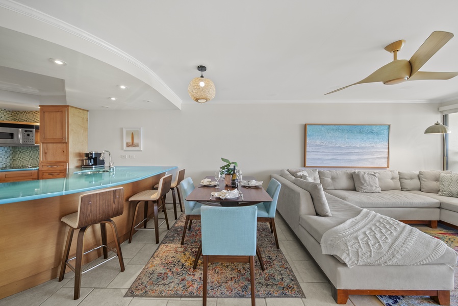 Share unforgettable meals in a stylish dining area complemented by island views.