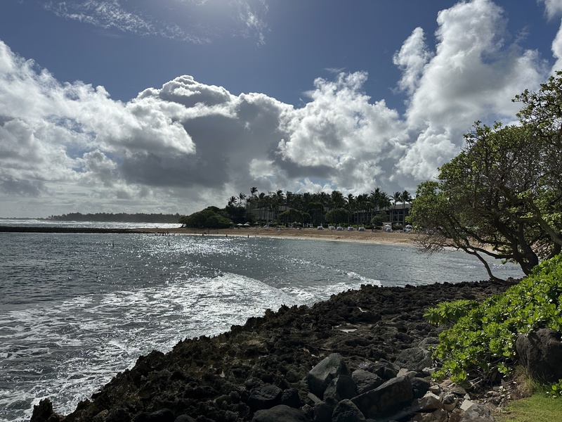 Rocky coastline with bright clouds and calm water.