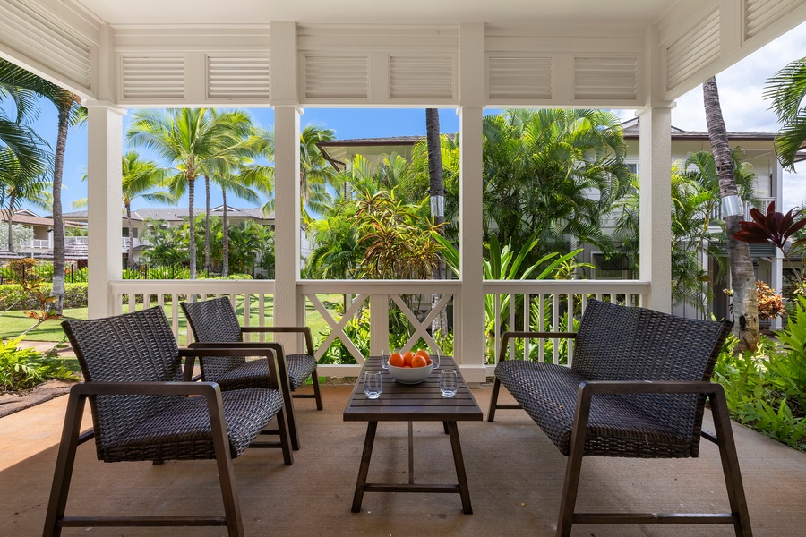 Relax on your private shaded lanai with plush seating, surrounded by tropical gardens and island breezes.
