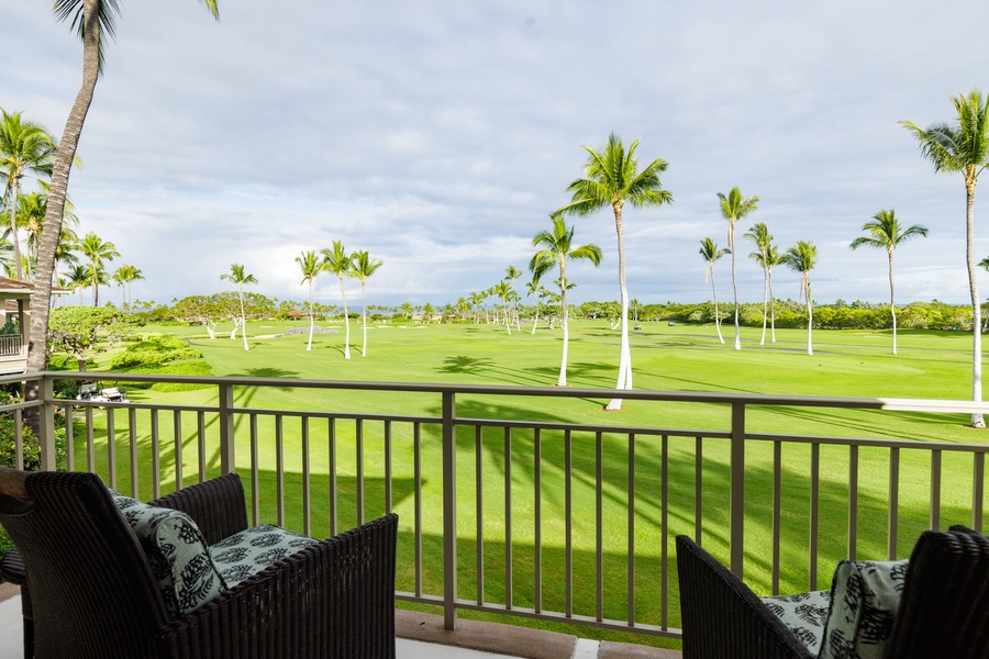 Enjoy a peaceful morning with panoramic golf course views from the comfort of your private lanai.