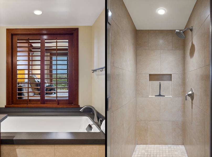 The primary guest bath with a walk-in shower and double vanity.