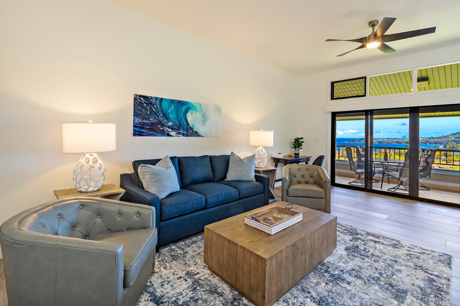 Kapalua Ridge 1421’s bright living room opens to the lanai with stylish comfort and views.