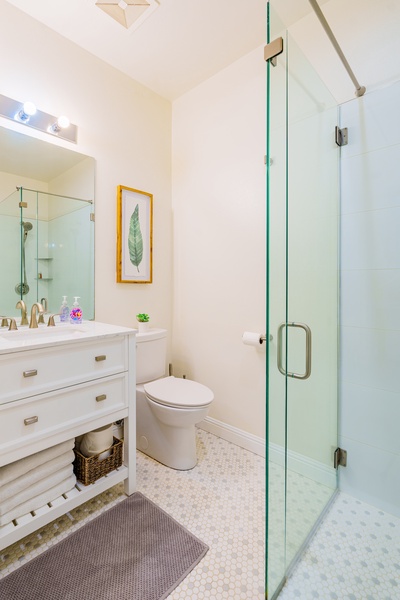 The well-lit downstairs bathroom.