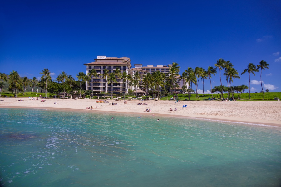 Ko Olina's private lagoons with soft sands and crystal blue water, perfect for afternoon swim or spectacular views.