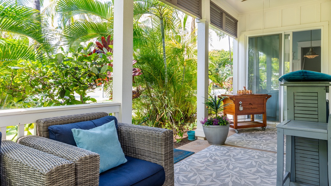 The peaceful lanai with luxurious seating.