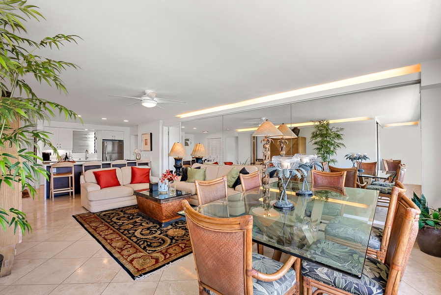 Create shared memories with ease in this open-concept living and dining area—where spacious seating and dreamy views invite connection, laughter, and lingering meals.