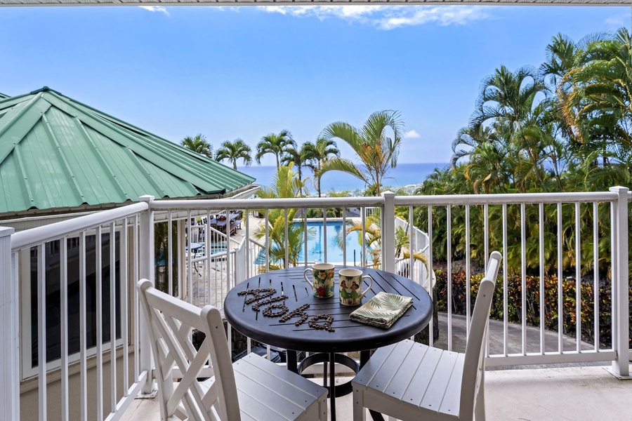 Sip your morning coffee on your private lanai overlooking tropical palms and sparkling pool views.