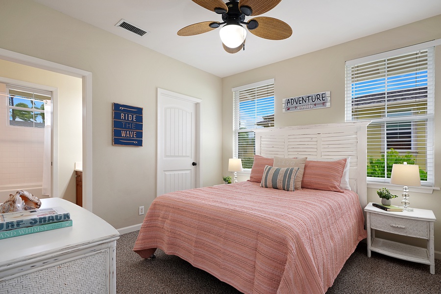 The second guest bedroom has a queen bed, AC and ceiling fan for perfect sleep.