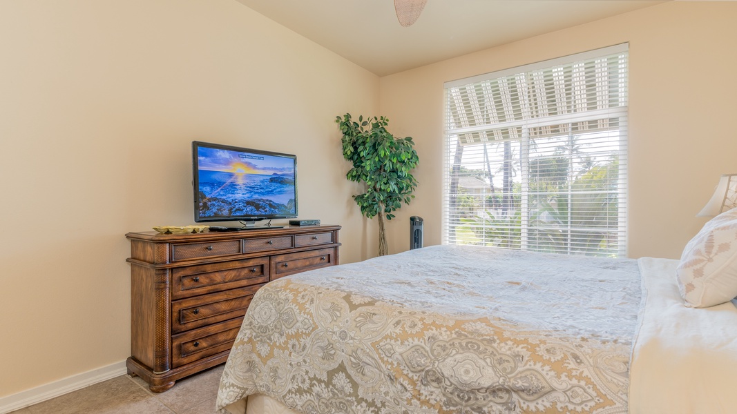 The primary guest bedroom includes a dresser and television.